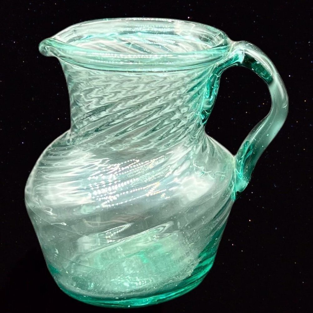 Studio Art Glass Miniature Pitcher Creamer Hand Blown‎ Green Applied 3”T 2.5”T